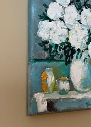 White Hydrangeas Floral Arrangement | Original Acrylic Painting| (8x10x .05-inch) Textured Impressionist Wall Art | Teresa Johnson