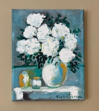 White Hydrangeas Floral Arrangement | Original Acrylic Painting| (8x10x .05-inch) Textured Impressionist Wall Art | Teresa Johnson