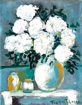 White Hydrangeas Floral Arrangement | Original Acrylic Painting| (8x10x .05-inch) Textured Impressionist Wall Art | Teresa Johnson