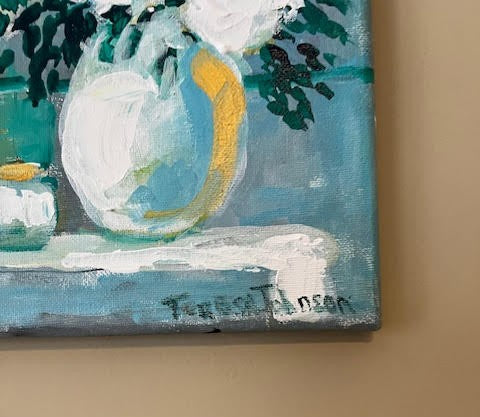 White Hydrangeas Floral Arrangement | Original Acrylic Painting| (8x10x .05-inch) Textured Impressionist Wall Art | Teresa Johnson
