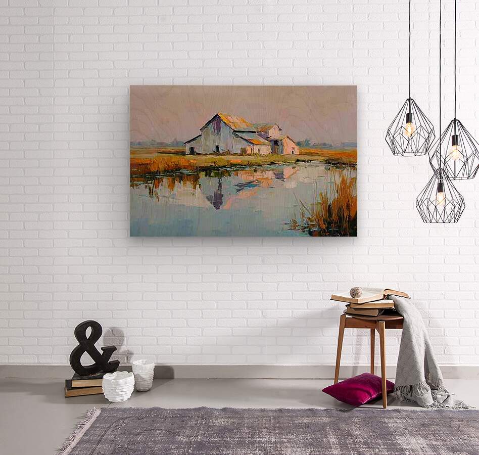 Still Water Farm – Impressionist Barn Reflection Painting, Farmhouse Wall Art, Giclée on Canvas, Wood, Metal & Fine Art Paper