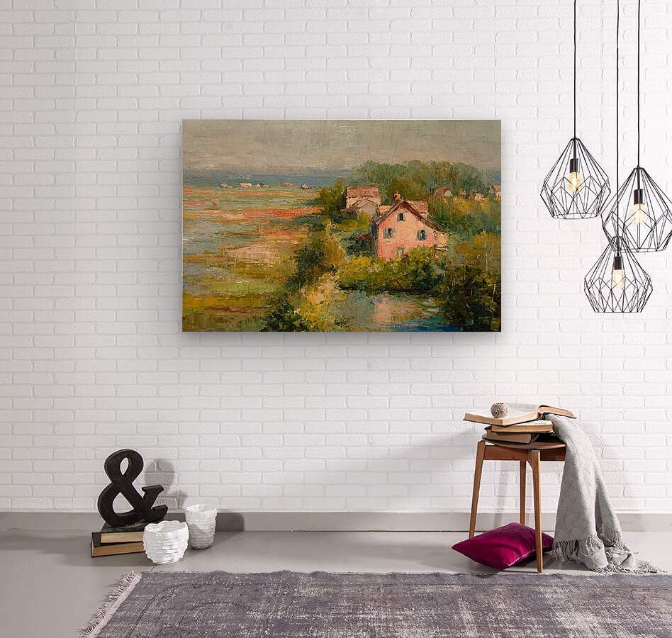 The Pink Cottage – Impressionist Marsh Cottage Painting, Coastal Wall Art, Romantic Cottage Print, Giclée on Canvas, Wood, Metal & Fine Art Paper