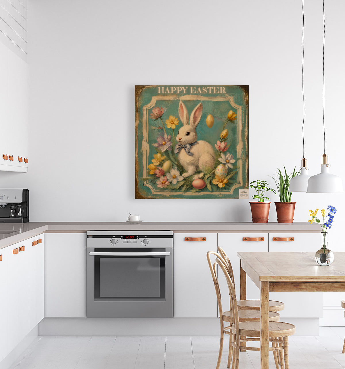 Happy Easter Bunny Art| Vintage Style Midcentury Flower Design| Giclee Paper- Wood- Metal- Canvas