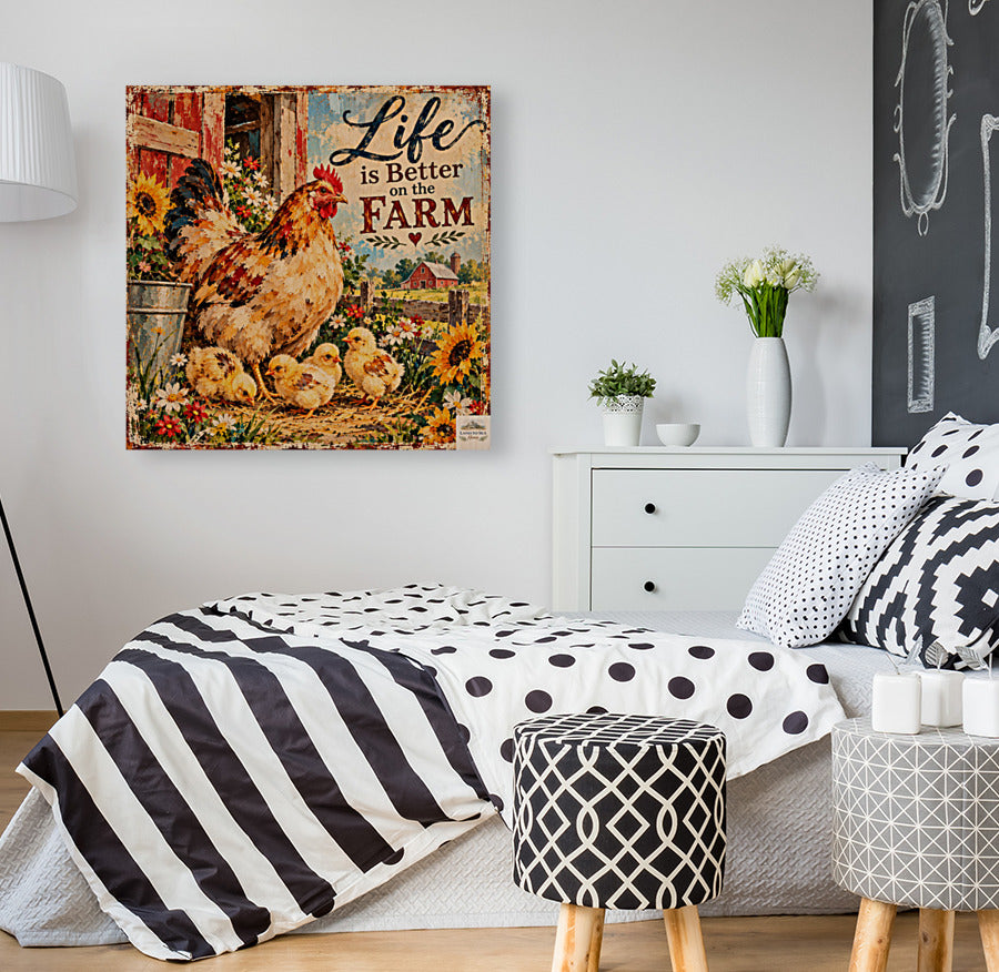 Life Is Better on the Farm | Hen & Chicks Country Farm Art | Giclée Paper • Wood • Metal • Canvas