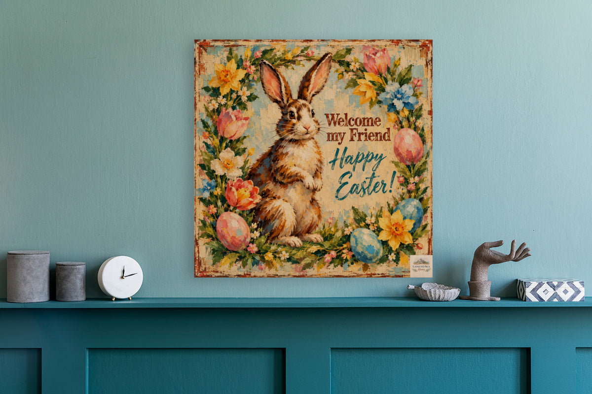 Vintage Welcome My Friend Easter Bunny| Giclee Prints, Canvas, Wood, or Metal Art