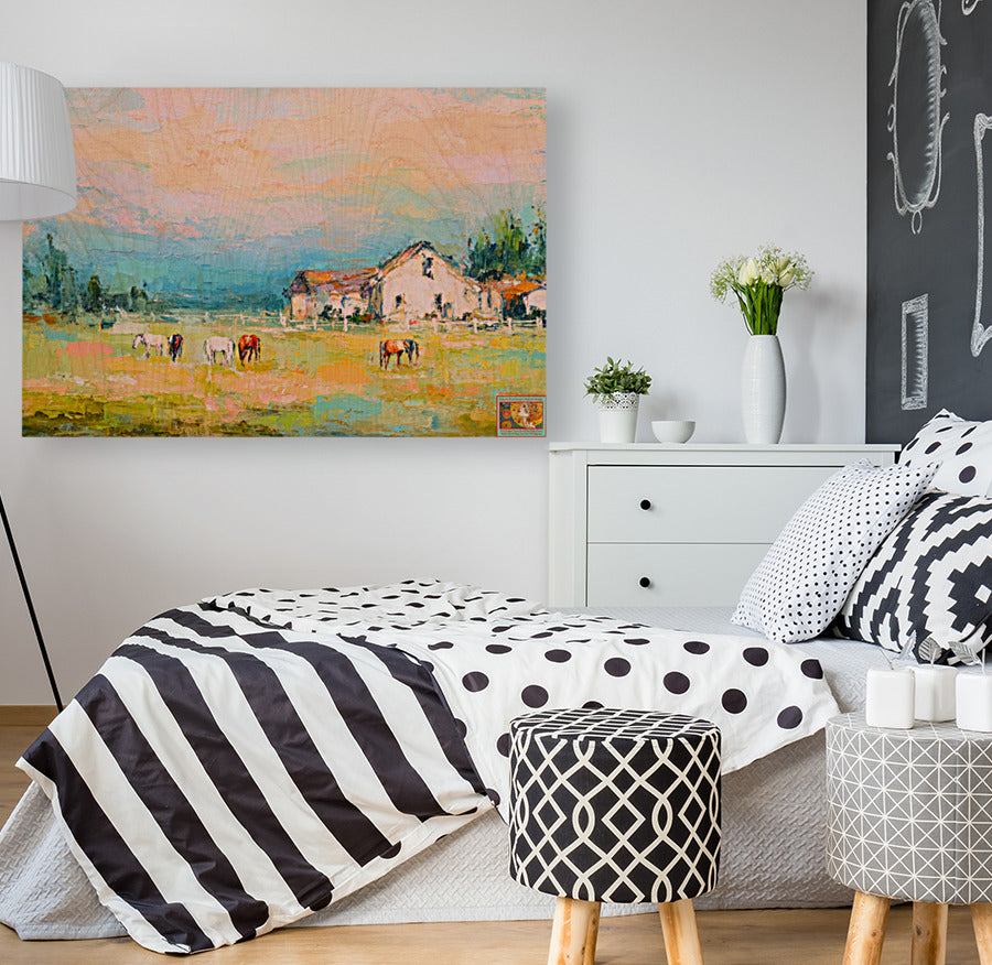 Spring Morning Stables – Pastel Impressionist Horse Farm Print, Equestrian Wall Art, Giclée on Canvas, Wood, Metal & Fine Art Paper