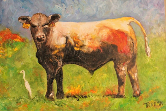 White Egret and the Bull. Original 24x36x1.5 inch-Animal-Textured Oil Gallery
