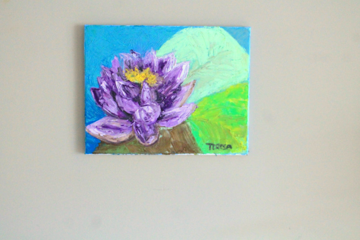 Purple Beauty. Lovely Water Lily in Rich Purple Tones Textured Impressionist Wall Art | Original Acrylic Painting| Purple Beauty. Lovely Water Lily (8x10x .5-inch) | Teresa Johnson